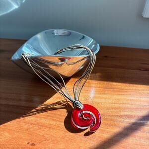 Unique Murano Style Glass Pendant Necklace Red Silver Blue Spiral Multi Strand